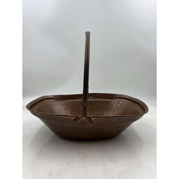 Vintage Copper Basket Hand Forged Riveted Handle Stitched Detailing Rustic Decor